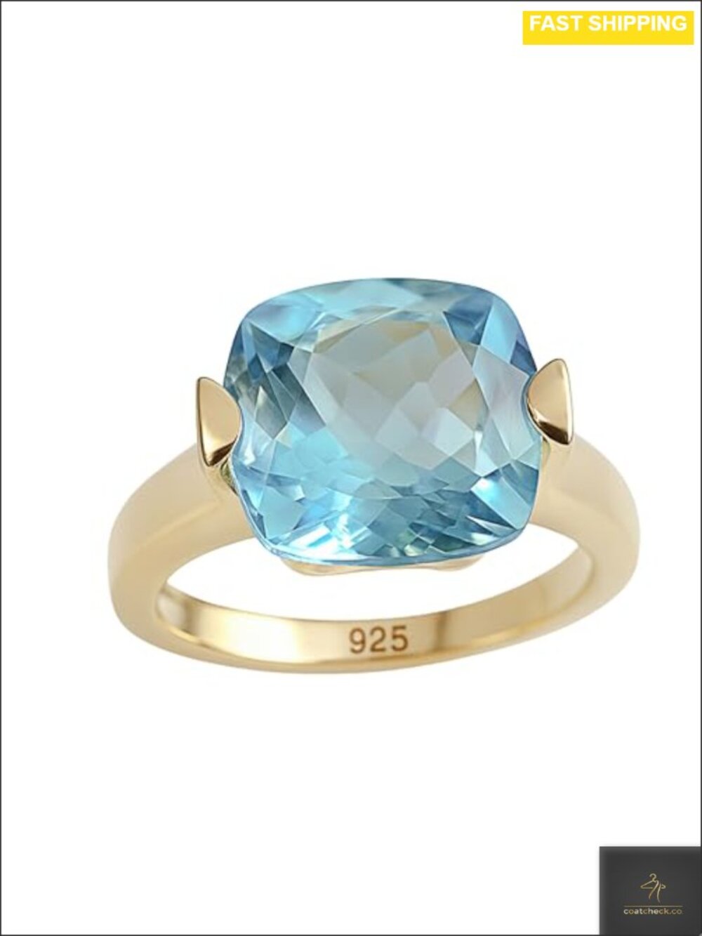 Natural Blue Topaz Cushion Cut Ring 925 Sterling Silver Gold Plated Statement